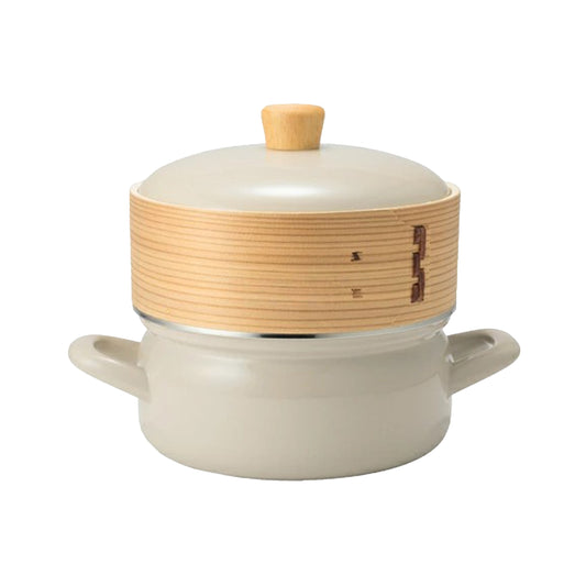 SEIRO 蒸煮系列 雙耳琺瑯鍋連蓋及竹籠 暖米色 18cm